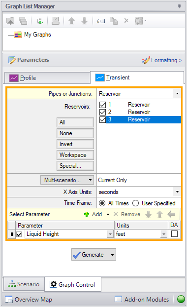 Transient data selection in the Graph Control tab of the Quick Access Panel.